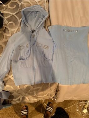 bebe Baby Blue Rhinestone Logo Hoodie & tube shirt Set